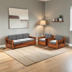 Homecrest Netley 5 seater sofa set in walnut finish with grey high density foam cushions in a modern living room