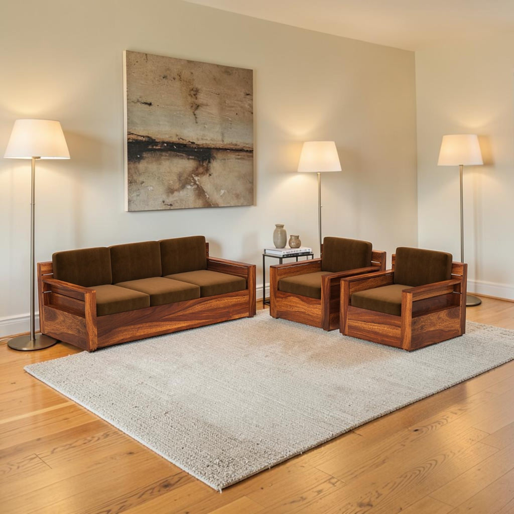 Homecrest Netley 5 seater brown velvet and sheesham wood sofa set in a modern living room with floor lamps