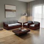 Homecrest Netley 5 seater Chesterfield sofa set in walnut finish with grey high density foam cushions in a living room