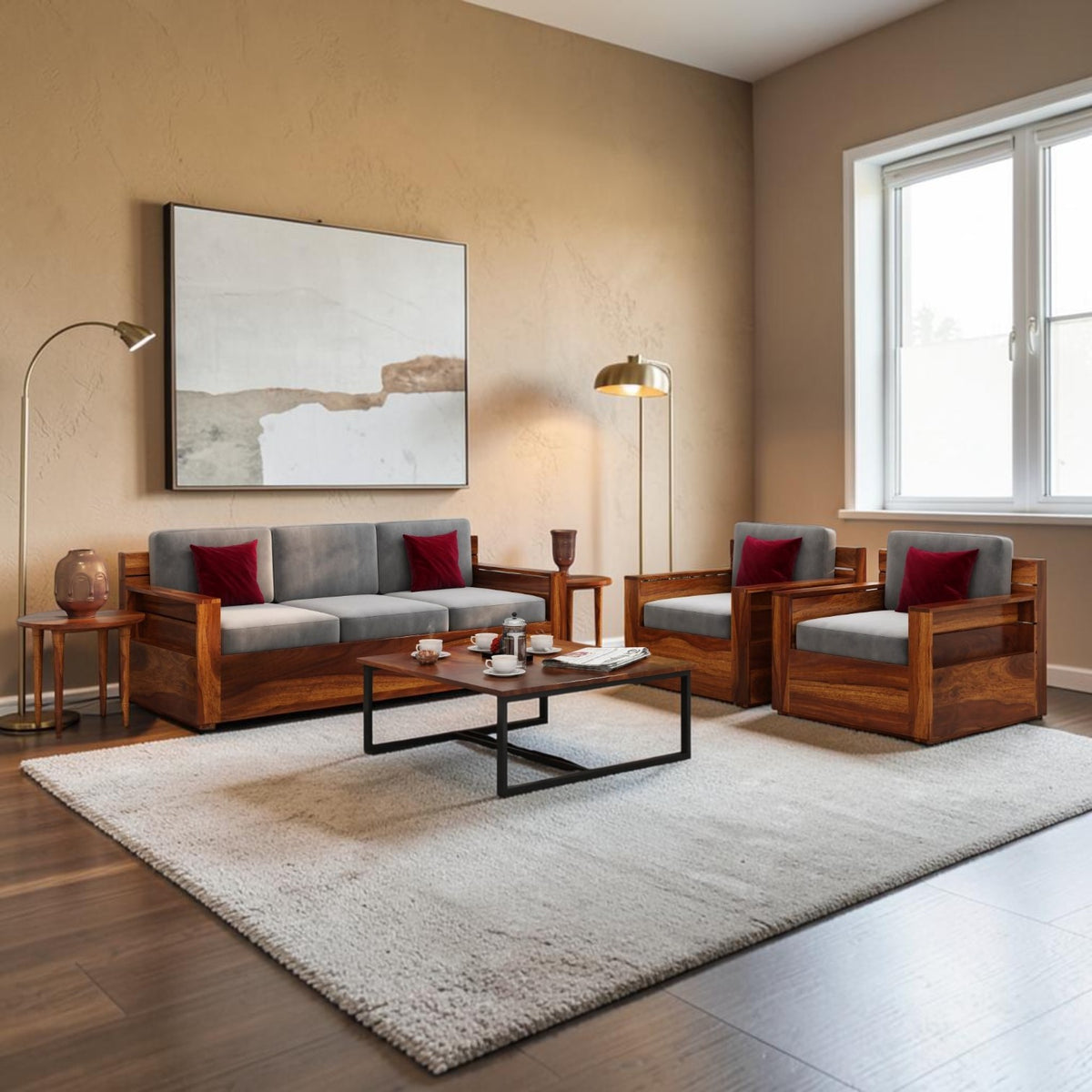 Homecrest Netley 5 seater wooden sofa set in walnut finish with grey upholstery and red accent cushions in a living room