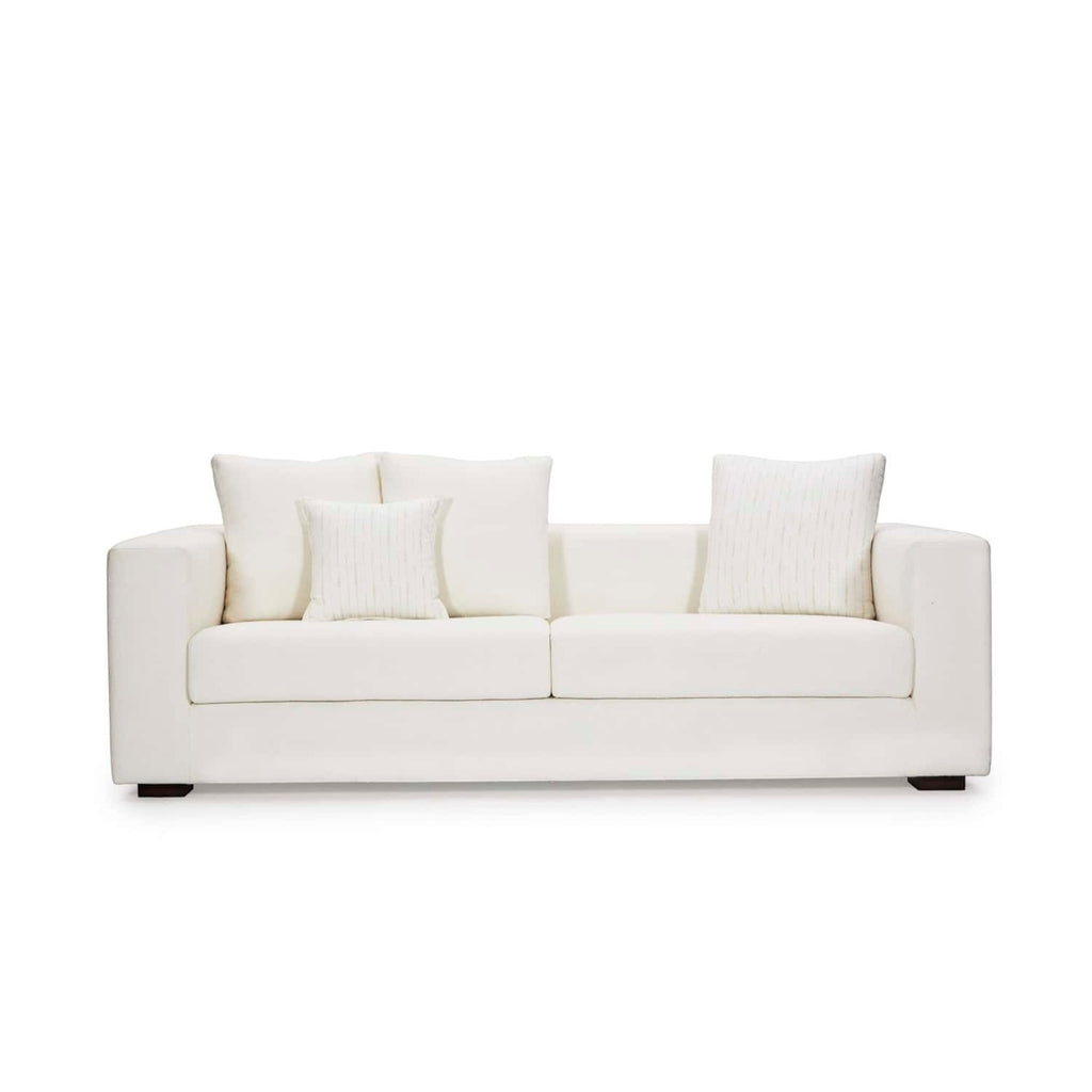 Homecrest Nesta low-profile deep-seat sofa in cream fabric with broad arms and decorative throw cushions