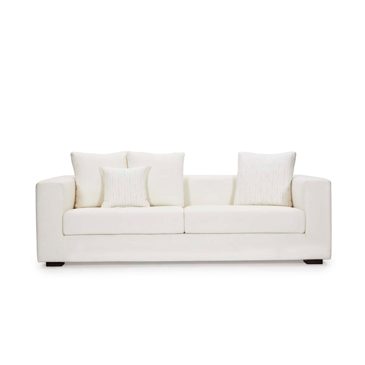Homecrest Nesta low-profile deep-seat sofa in cream fabric with broad arms and decorative throw cushions