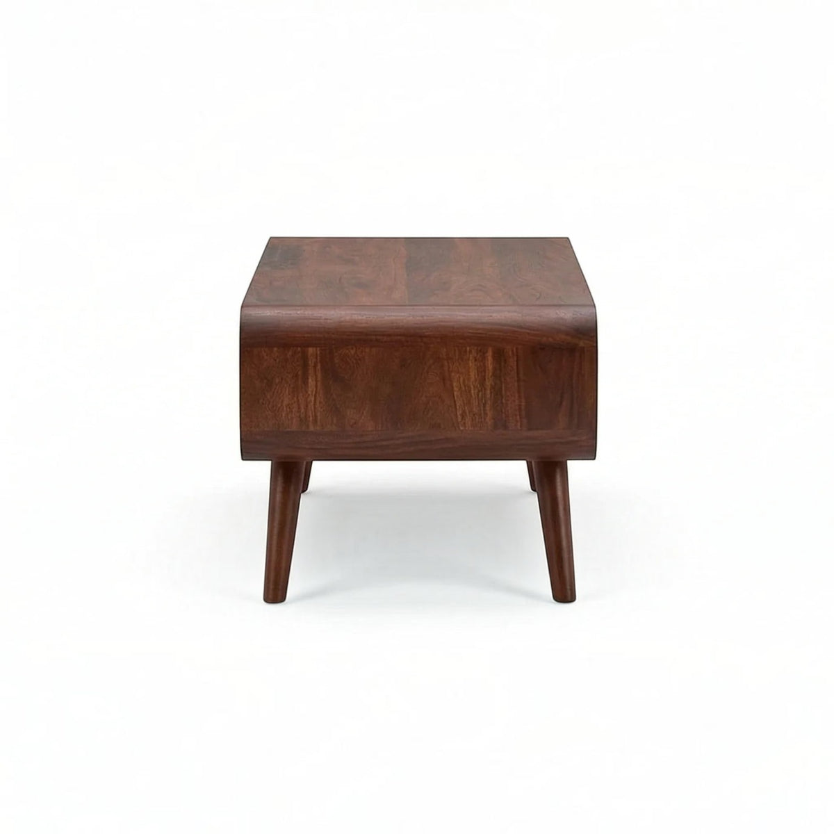 Homecrest Nyle mid-century coffee table in solid wood with rounded edges and angled legs, front view.