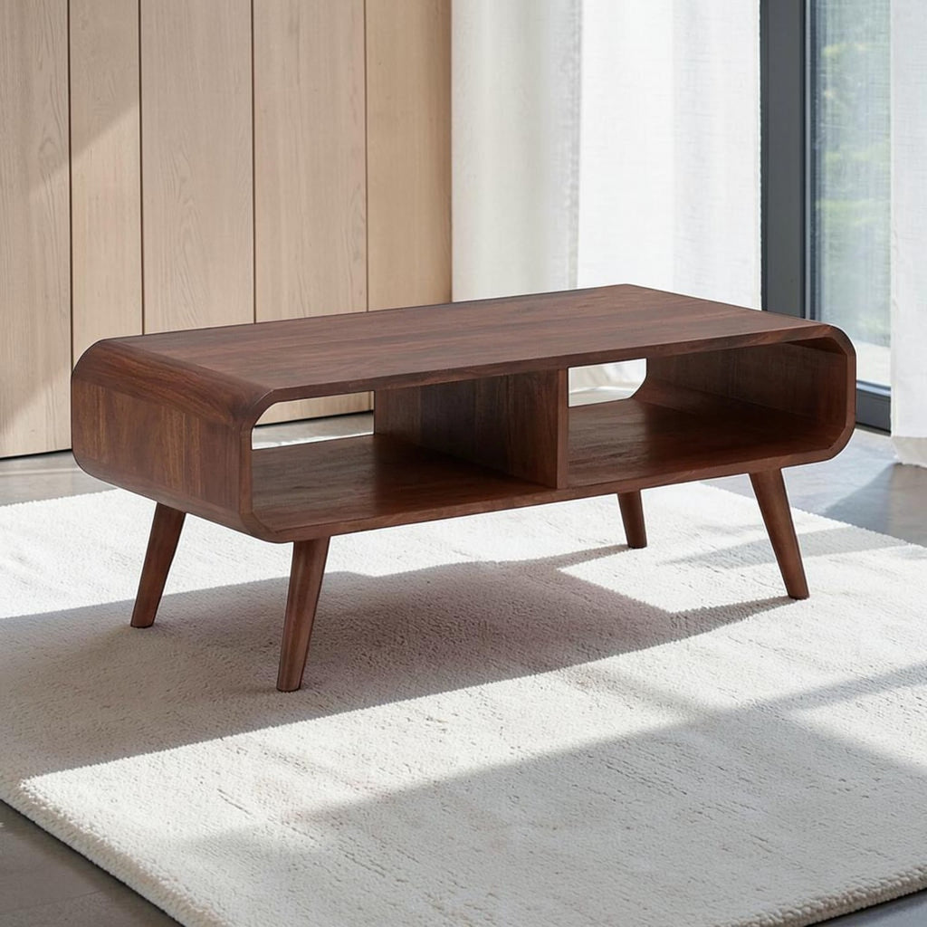 Homecrest Nyle mid-century modern coffee table in natural solid wood with rounded edges and dual open storage shelves.
