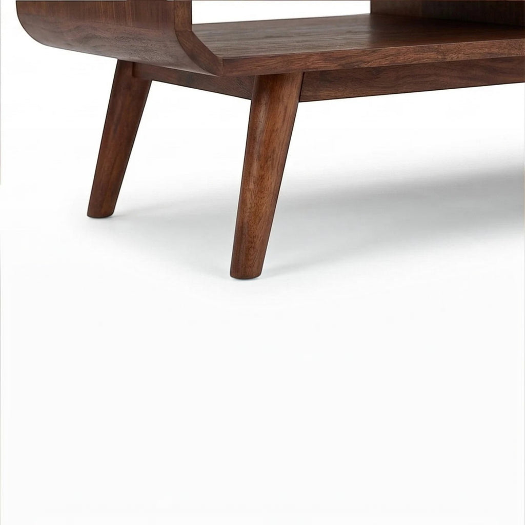 Homecrest Nyle mid-century modern solid wood coffee table featuring rounded edges and angled legs