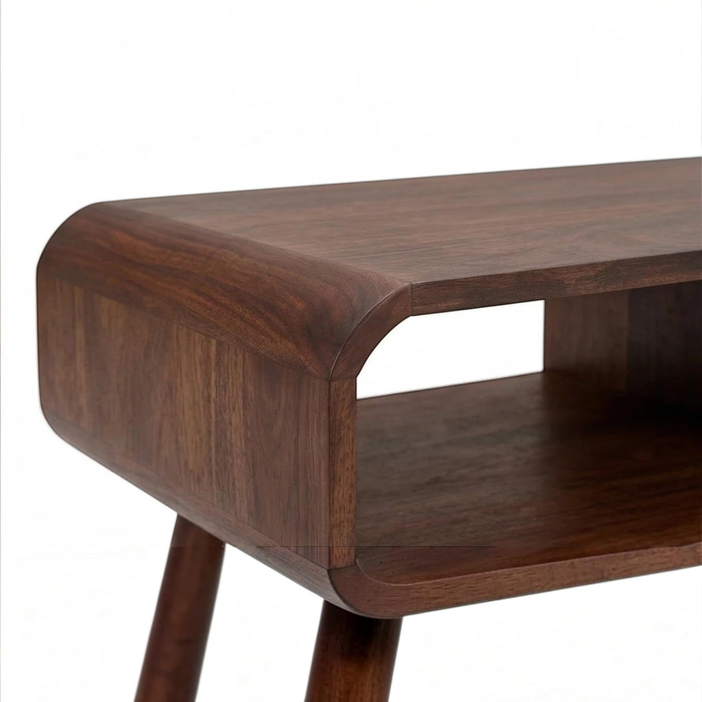 Homecrest Nyle mid-century coffee table in dark solid wood with rounded edges and an open storage shelf