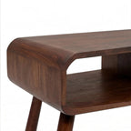 Homecrest Nyle mid-century coffee table in dark solid wood with rounded edges and an open storage shelf