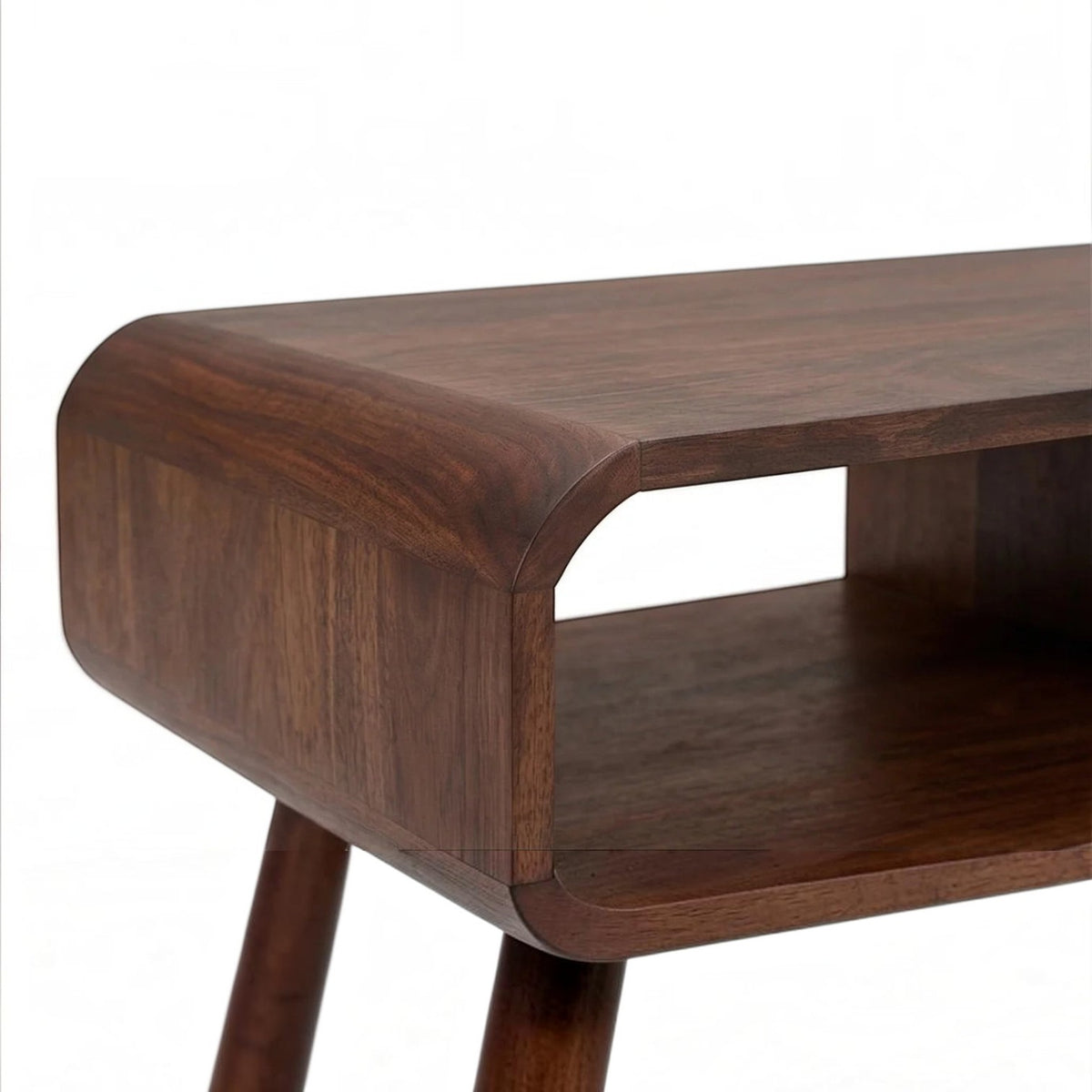 Homecrest Nyle mid-century coffee table in dark solid wood with rounded edges and an open storage shelf