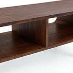 Homecrest Nyle mid-century coffee table in dark solid wood with dual open storage shelves and rounded edges
