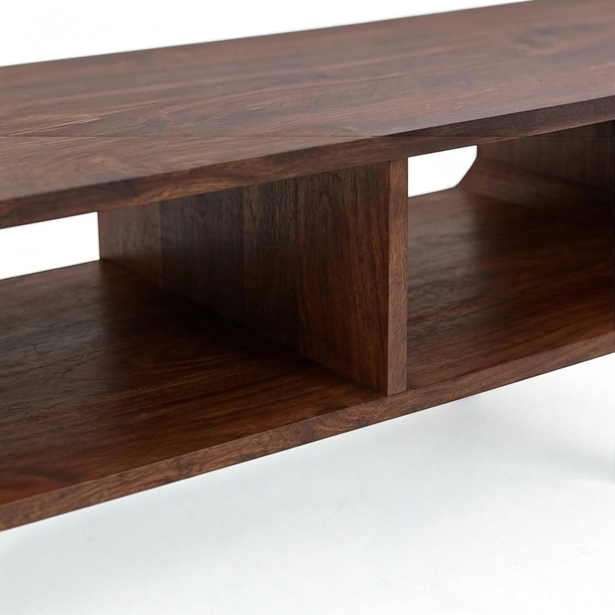 Homecrest Nyle mid-century coffee table in dark solid wood with dual open storage shelves and rounded edges