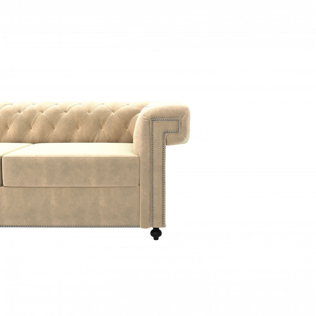 Homecrest Oakley Chesterfield sofa in beige velvet with tufted backrest, rolled arm, and silver nailhead trim details.