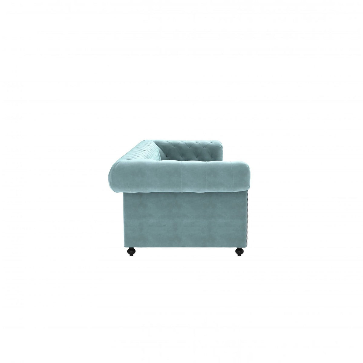 Homecrest Oakley Chesterfield sofa in dusk blue velvet with button tufting and rolled armrest, side view