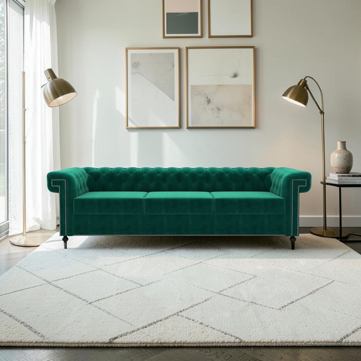 Homecrest Oakley emerald green velvet Chesterfield sofa with tufted back and nailhead trim in a modern living room