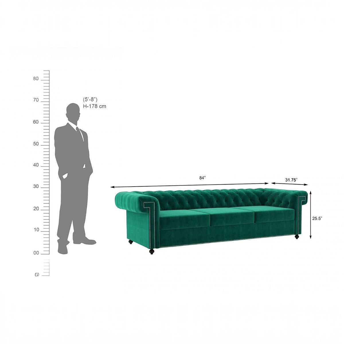 Homecrest Oakley emerald green velvet Chesterfield sofa with tufted back and nailhead trim, shown with scale reference.