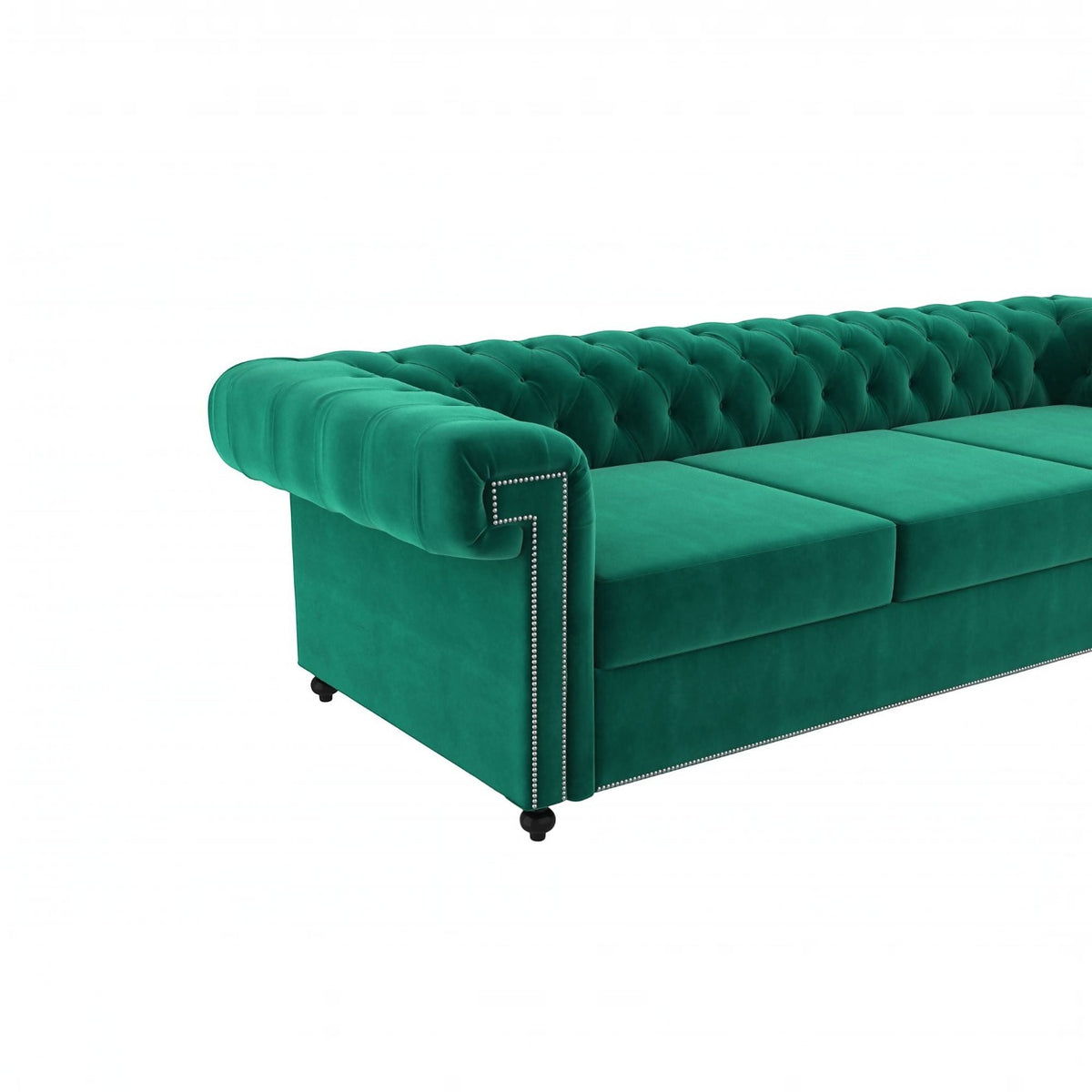 Homecrest Oakley emerald green velvet Chesterfield sofa with tufted backrest and silver nailhead trim details