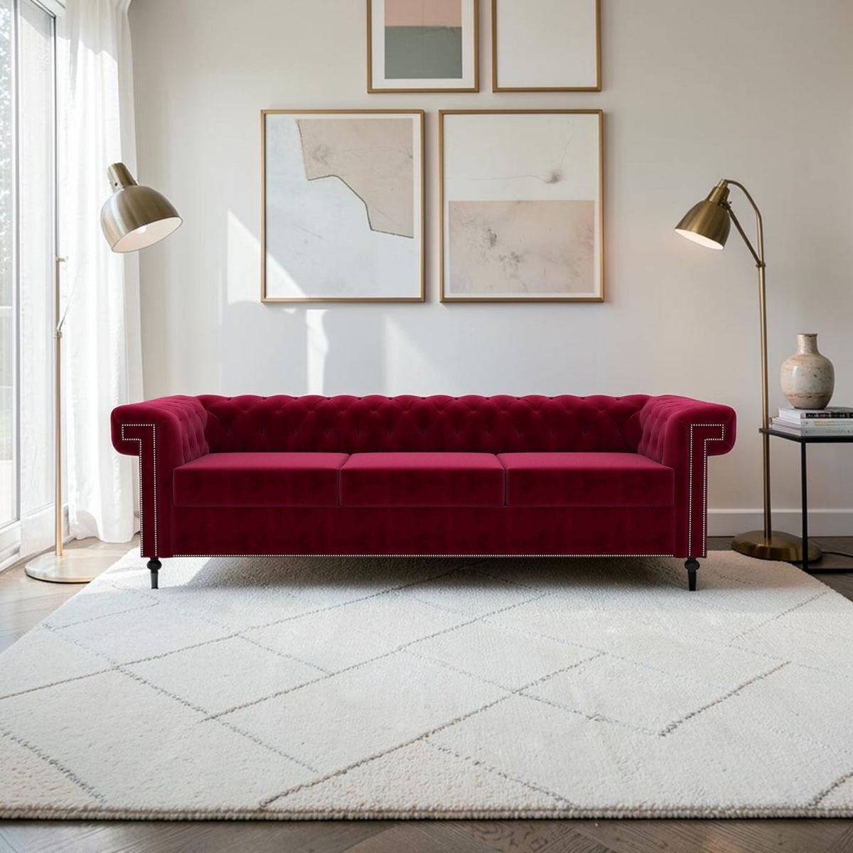 Homecrest Oakley three-seater Chesterfield sofa in pomegranate red velvet with tufted back and nailhead trim