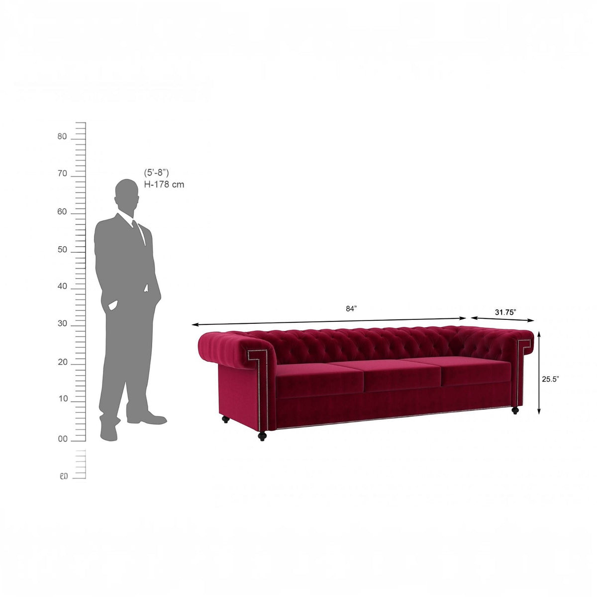 Homecrest Oakley three-seater Chesterfield sofa in pomegranate velvet with tufted back and nailhead trim dimensions