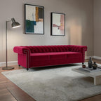Homecrest Oakley 3-seater Chesterfield sofa in pomegranate velvet with tufted back and silver nailhead trim