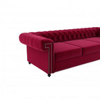 Homecrest Oakley Chesterfield sofa in pomegranate red velvet with tufted backrest and silver nailhead trim details.