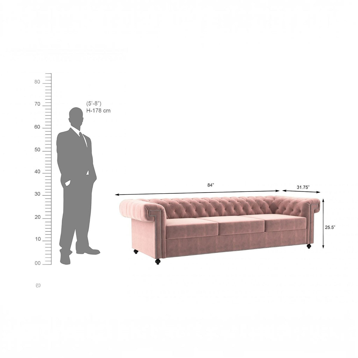 Homecrest Oakley 3-seater Chesterfield sofa in rose dust velvet with button tufting and rolled arms, dimension diagram.