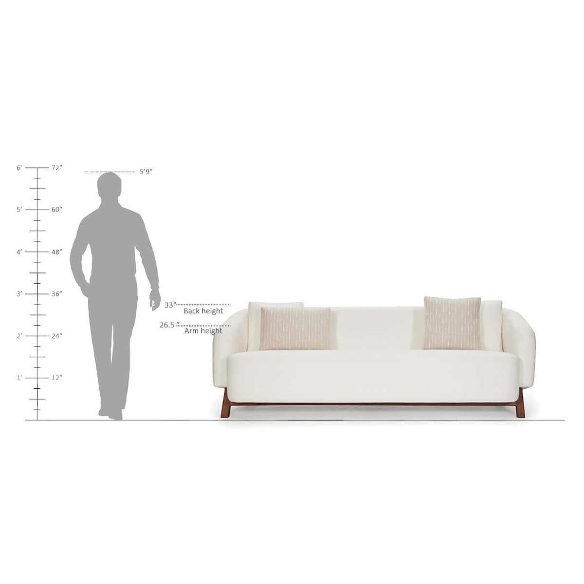 Homecrest Orbell wrap-arm curved sofa in cream upholstery with teak wood legs and throw pillows, shown with scale.