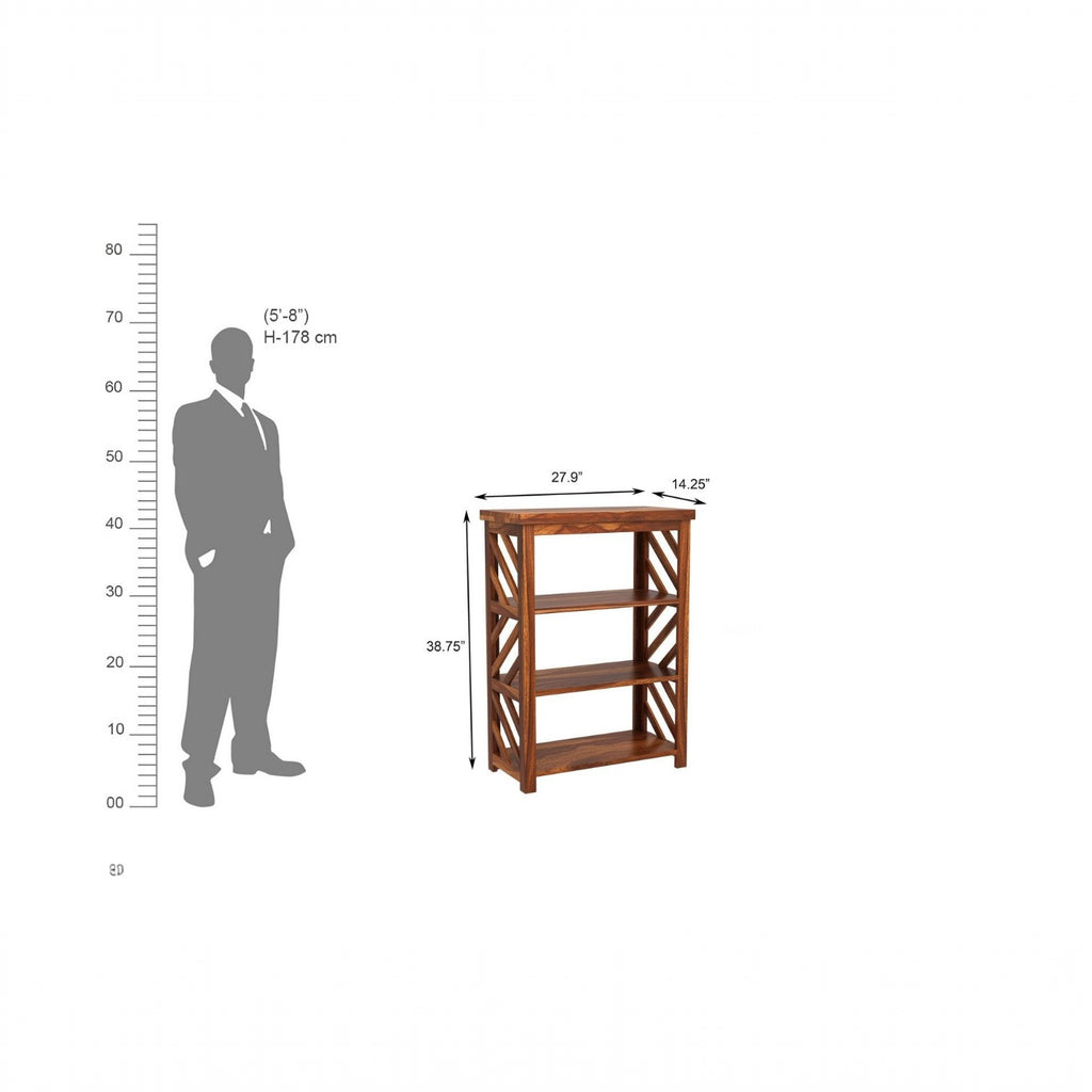 Homecrest Perrin compact sheesham bookshelf with three open shelves and a natural wood grain finish shown with scale