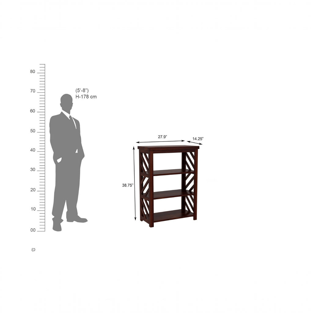 Homecrest Perrin compact sheesham bookshelf with open shelves and diagonal side detailing shown with scale reference