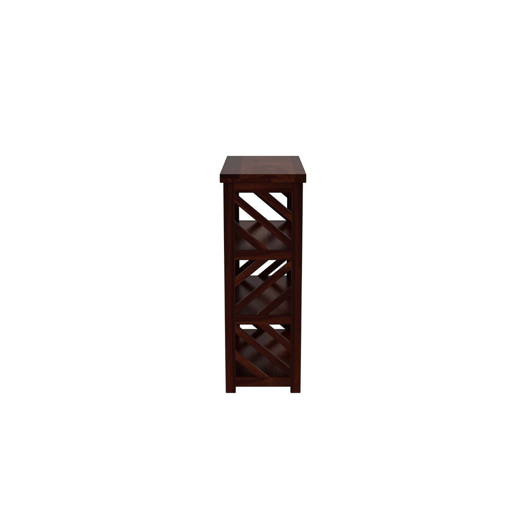 Homecrest Perrin compact bookshelf in solid sheesham wood with a dark walnut finish and open side shelving