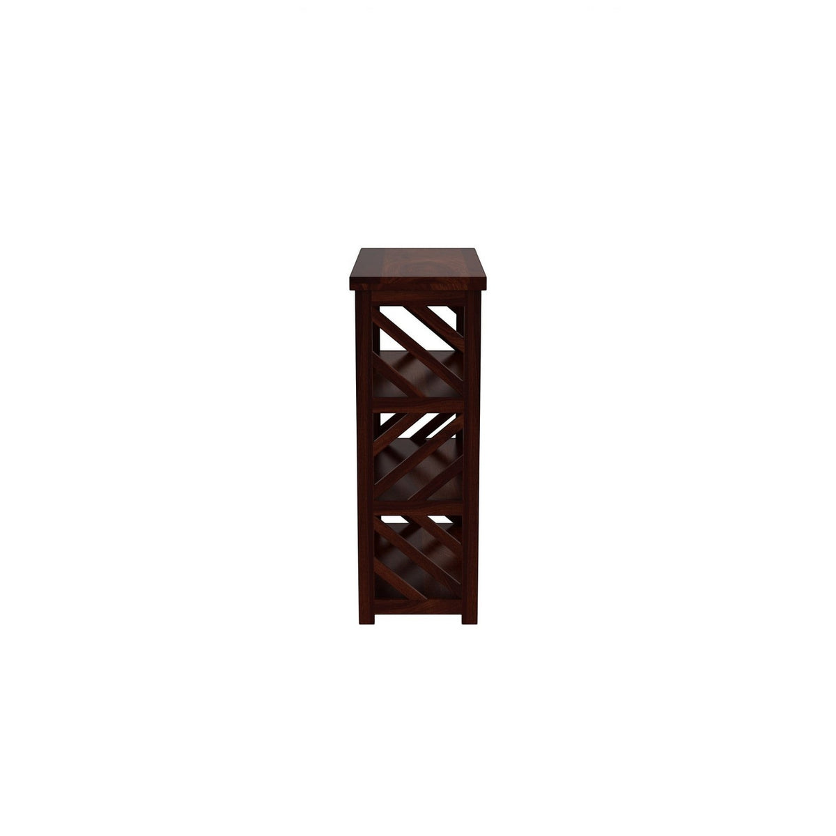 Homecrest Perrin compact bookshelf in solid sheesham wood with a dark walnut finish and open side shelving