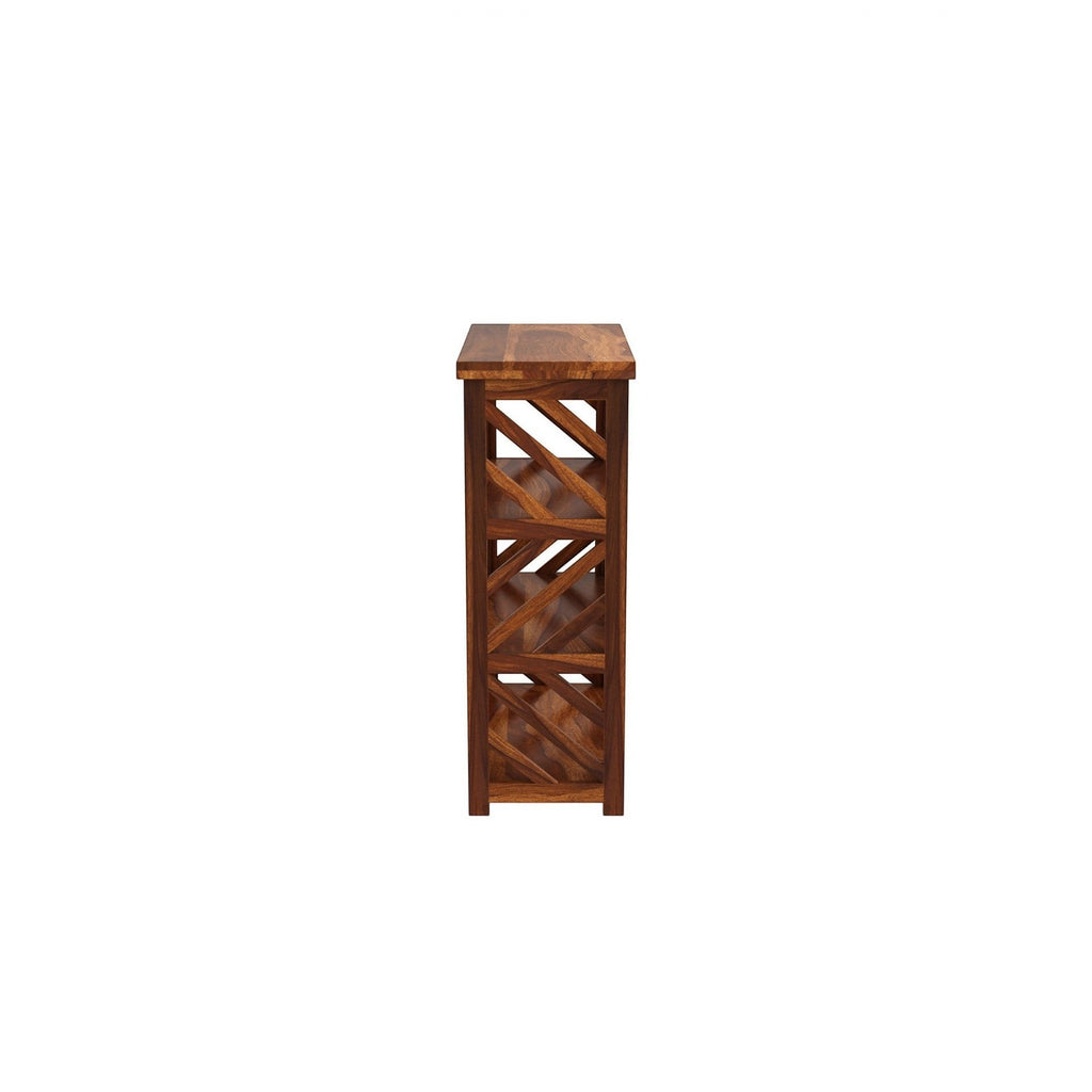 Homecrest Perrin compact bookshelf in solid sheesham wood with open side shelving and a natural walnut finish