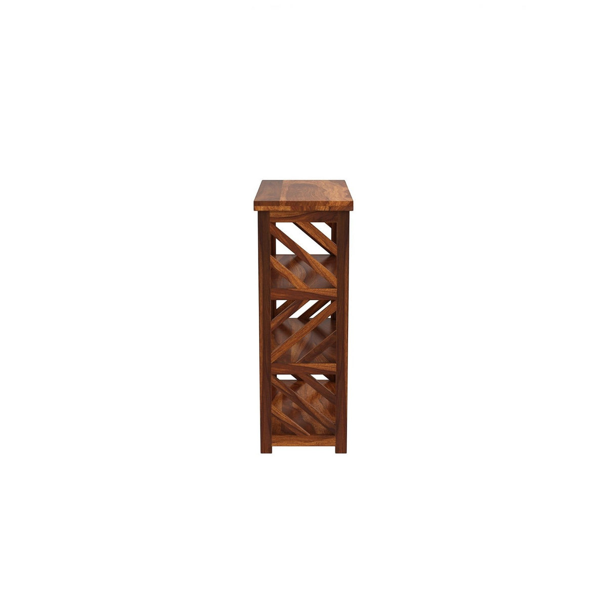 Homecrest Perrin compact bookshelf in solid sheesham wood with open side shelving and a natural walnut finish