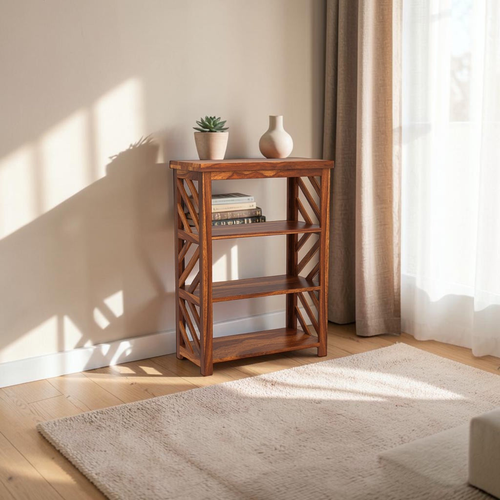 Homecrest Perrin compact bookshelf in solid sheesham wood with open shelves and decorative cross-brace side panels.