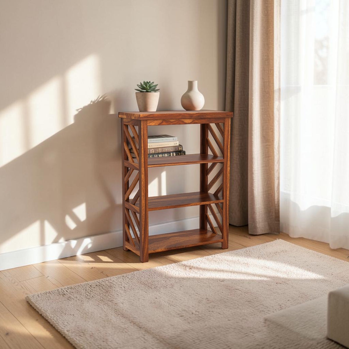Homecrest Perrin compact bookshelf in solid sheesham wood with open shelves and decorative cross-brace side panels.