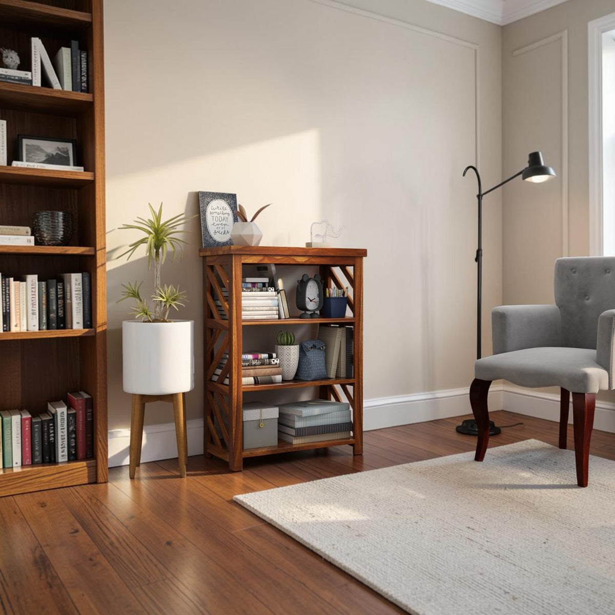 Homecrest Perrin compact sheesham bookshelf with open shelves and two base drawers in a natural wood finish