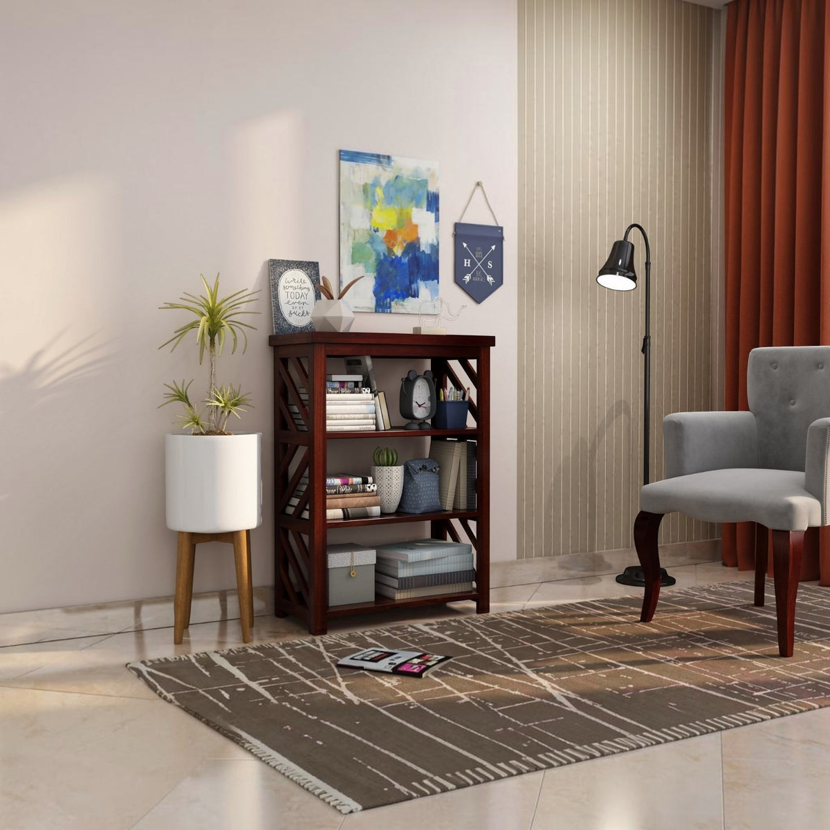 Homecrest Perrin compact sheesham bookshelf with open shelves and two base drawers in a modern living room setting.
