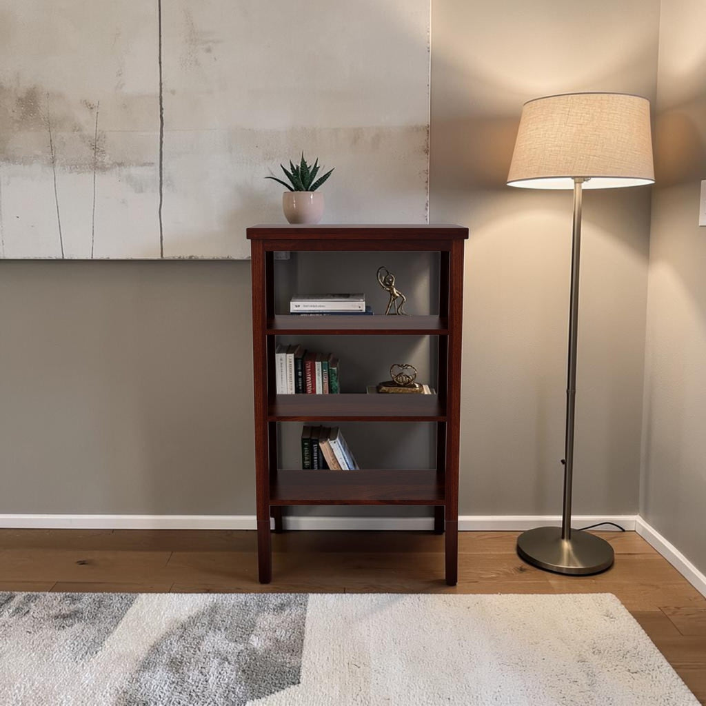 Homecrest Perrin compact bookshelf in dark walnut sheesham wood with open shelves and two base drawers in a living room