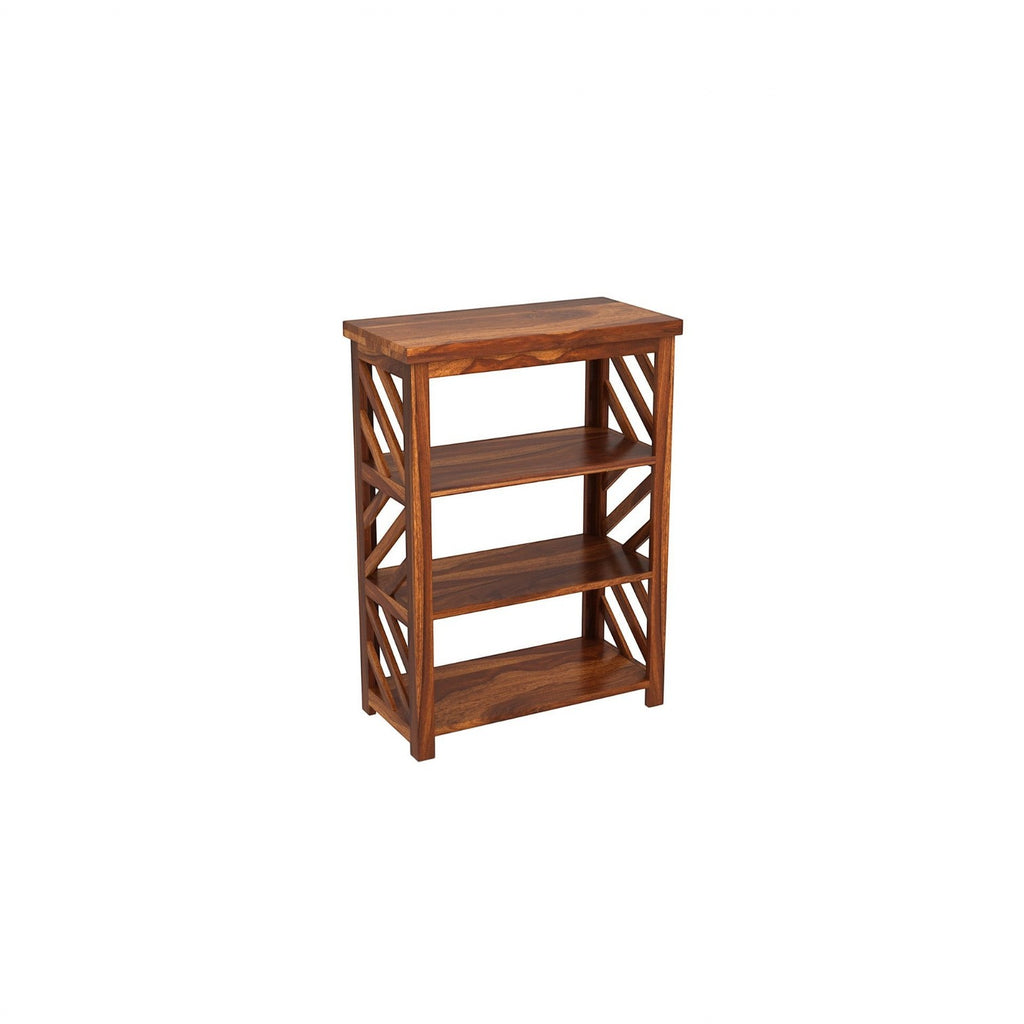 Homecrest Perrin compact bookshelf in solid sheesham wood with three open shelves and decorative side lattice detail.