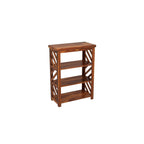 Homecrest Perrin compact bookshelf in solid sheesham wood with three open shelves and decorative side lattice detail.