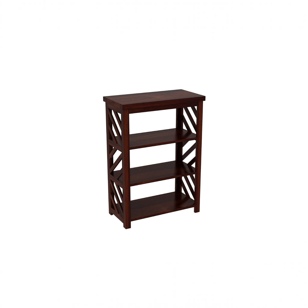 Homecrest Perrin compact bookshelf in dark walnut solid sheesham wood with three open shelves and diagonal side detail