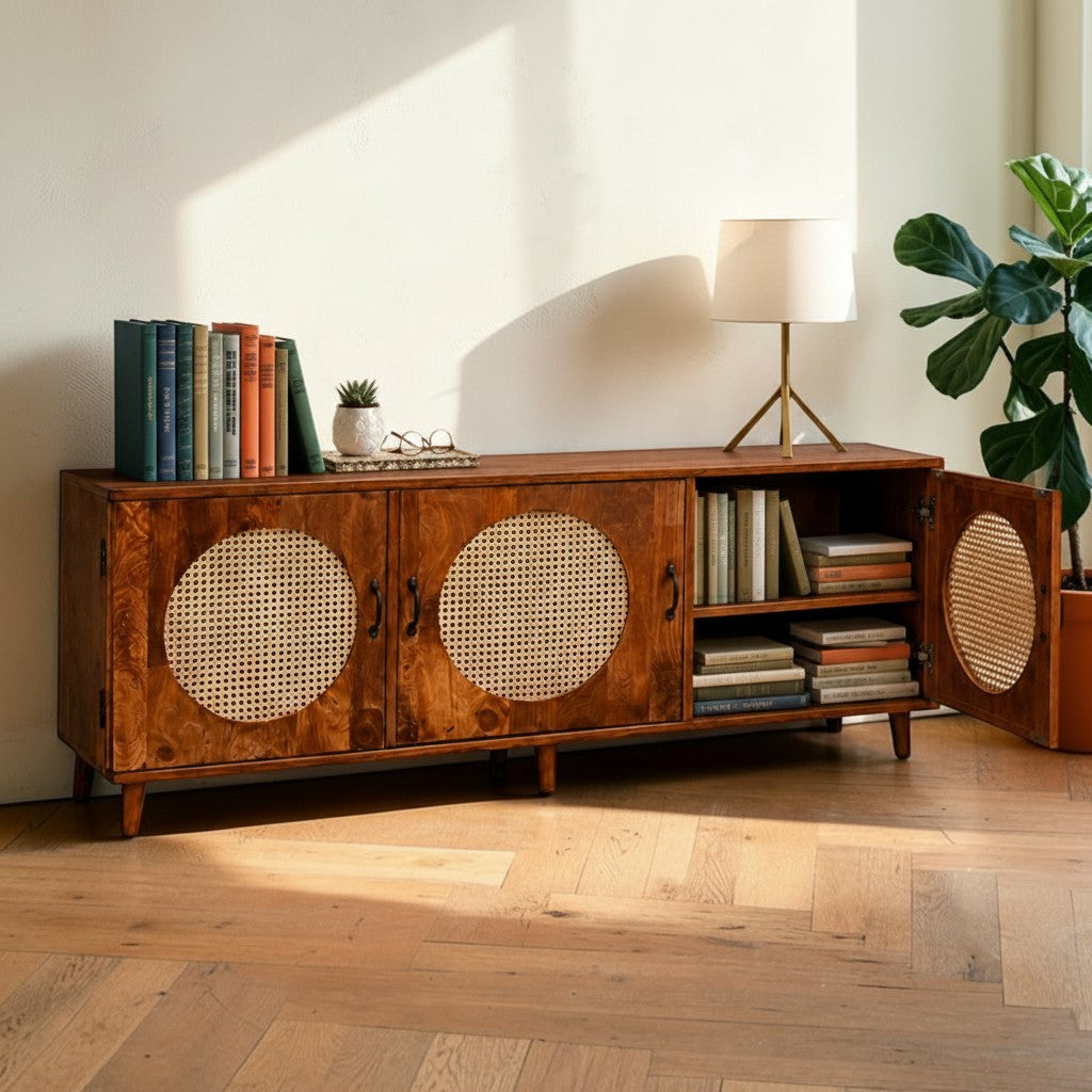 Homecrest Petra three-door media cabinet in honey-finished sheesham wood with circular cane rattan door inserts.