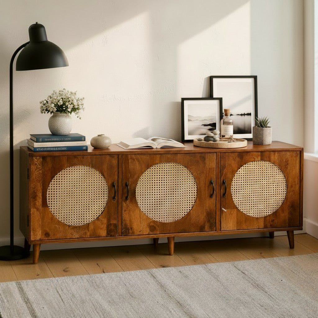 Homecrest Petra three-door media cabinet in honey-finished solid sheesham wood with circular cane rattan door inserts.