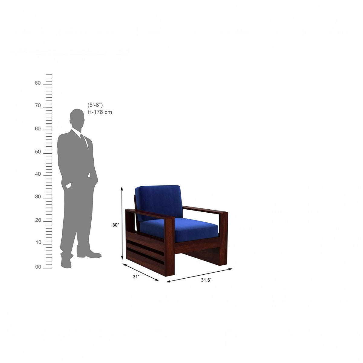 Homecrest Pilton wooden armchair with a deep blue fabric seat and backrest, featuring a dark walnut wood frame.