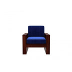 Homecrest Pilton single seater sofa with a deep blue fabric cushion and a solid dark walnut wood frame.