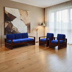 Homecrest Pilton 5-seater sofa set with deep blue fabric cushions and dark walnut-finished sheesham wood frames.