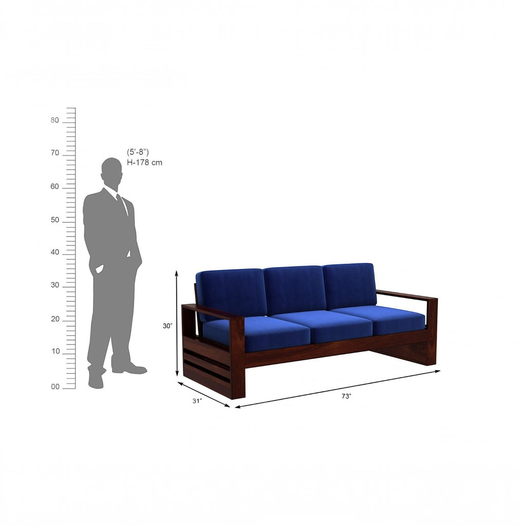 Homecrest Pilton 3-seater sofa with blue fabric cushions and a dark wood frame, shown with scale reference dimensions.