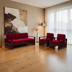 Homecrest Pilton wooden sofa set with deep red fabric cushions and dark walnut sheesham wood frames in a living room.
