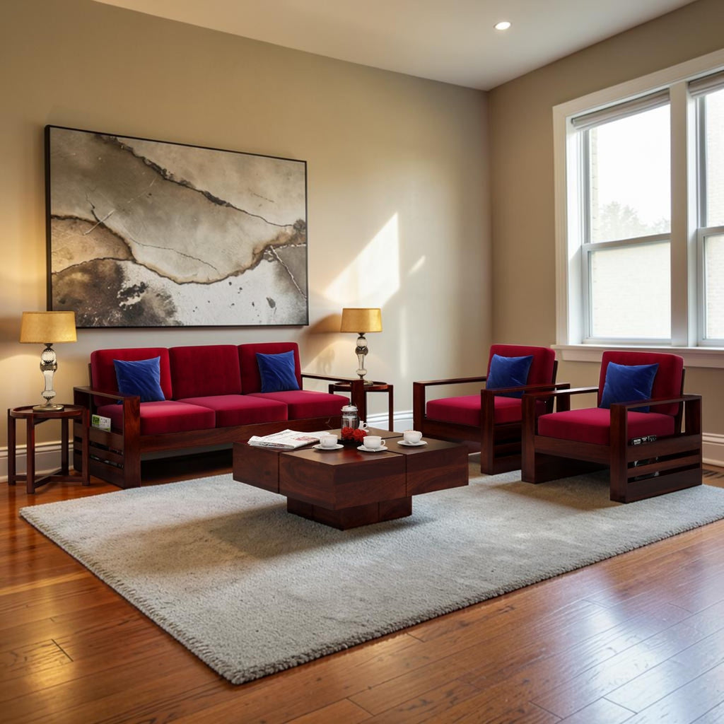Homecrest Pilton wooden sofa set with red fabric upholstery, dark wood frame, and blue accent pillows in a living room.