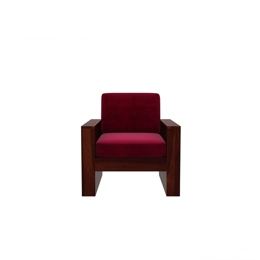 Homecrest Pilton single seater sofa featuring a deep red velvet cushion and a dark walnut finished sheesham wood frame.