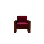 Homecrest Pilton single seater sofa featuring a deep red velvet cushion and a dark walnut finished sheesham wood frame.