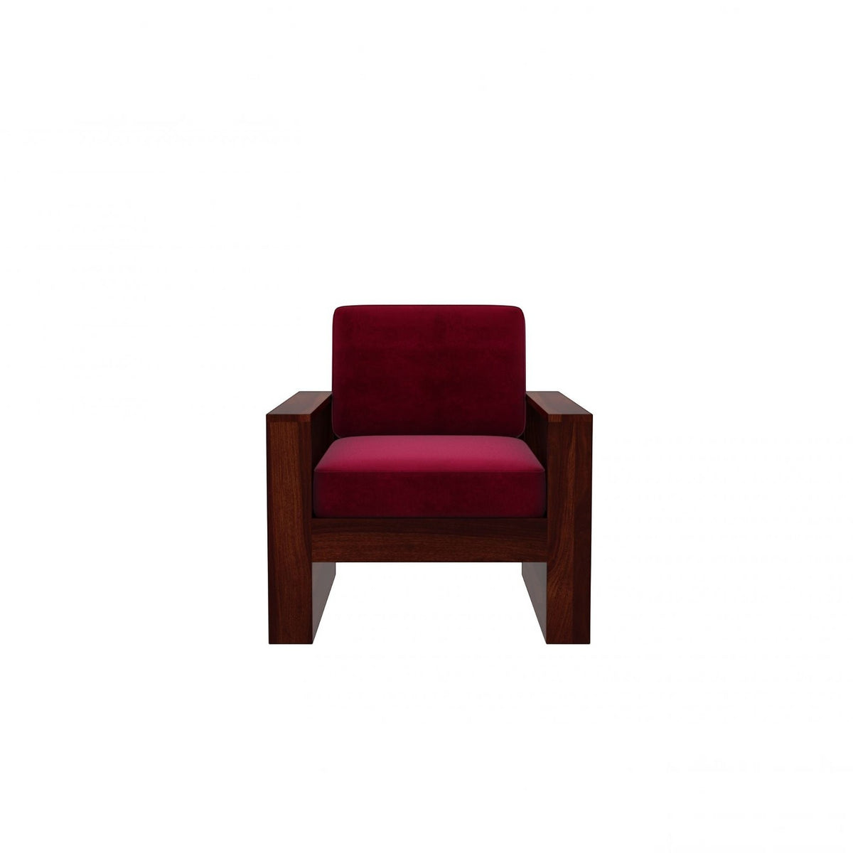 Homecrest Pilton single seater sofa featuring a deep red velvet cushion and a dark walnut finished sheesham wood frame.